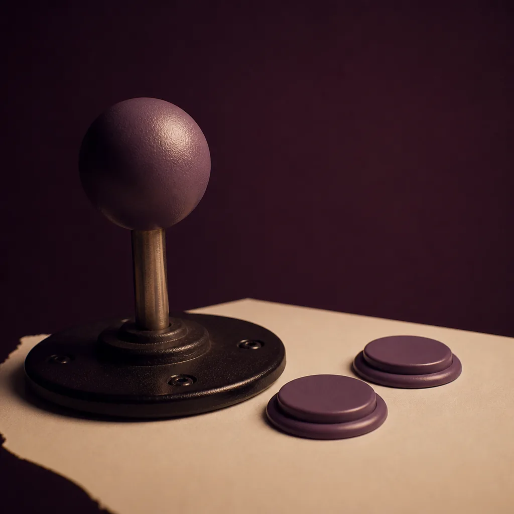 Joystick de arcade y botones sobre papel marfil en penumbra violeta