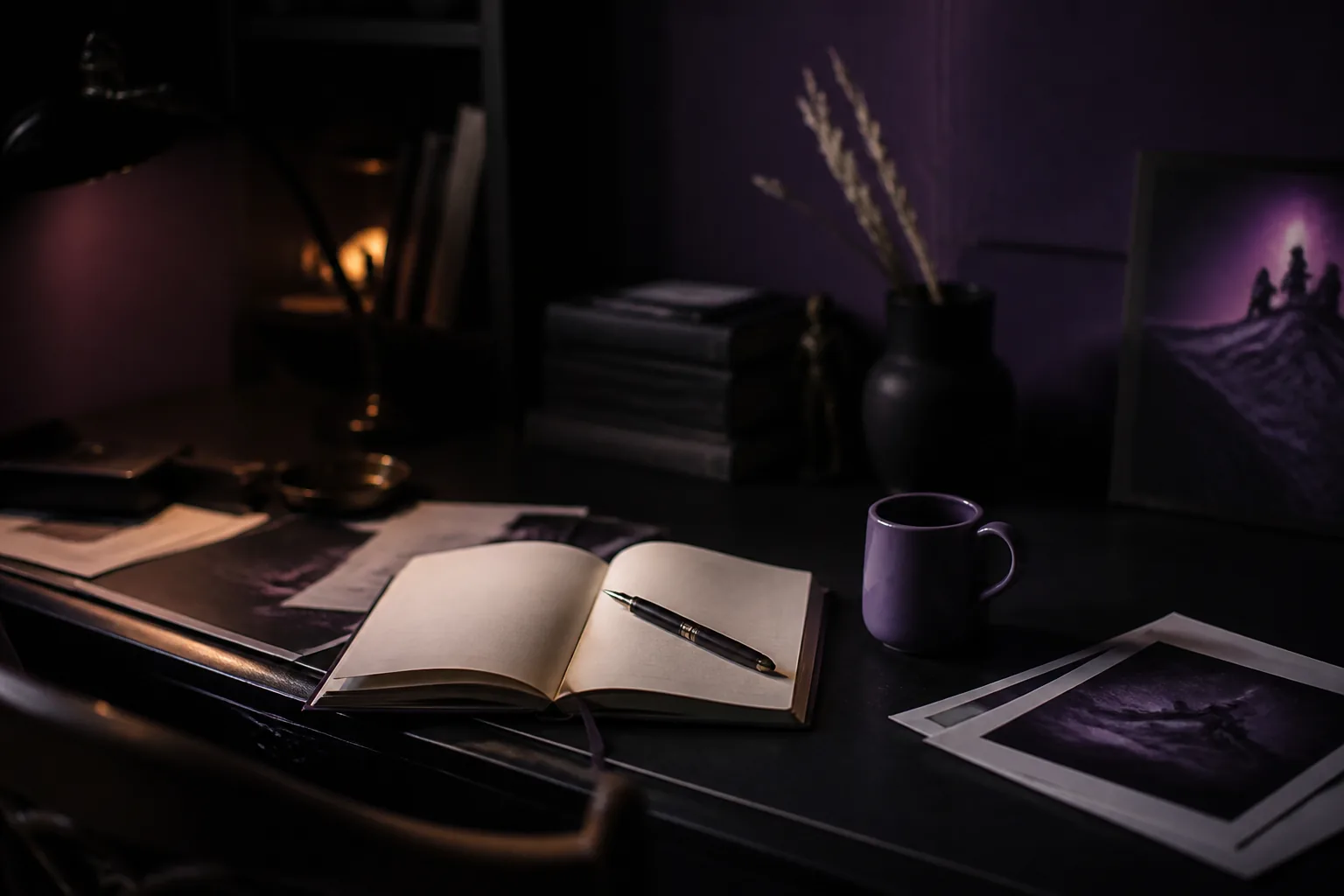 Escritorio de redacción con cuaderno de páginas marfil, lapicera y taza violeta bajo luz cálida