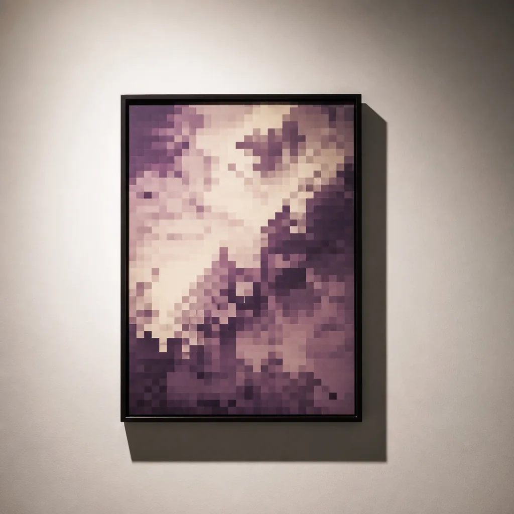 Lámina de arte pixel enmarcada sobre pared marfil