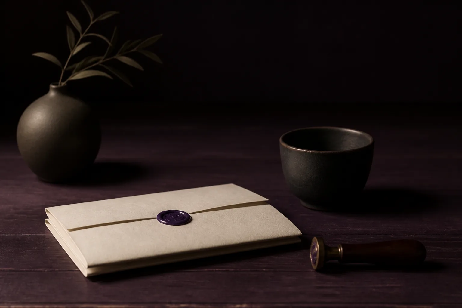 Carta de papel marfil doblada con sello violeta junto a una taza oscura sobre mesa color ciruela
