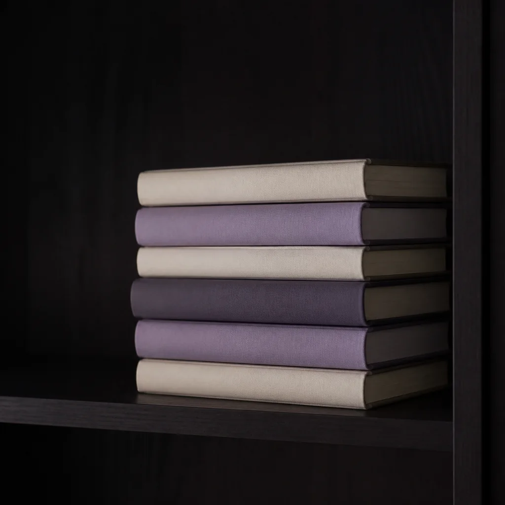 Libros de tapa dura apilados con lomos crema y lila en un estante en penumbra