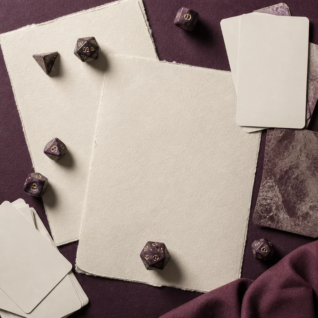 Dados y cartas de mesa sobre papel marfil vistos desde arriba