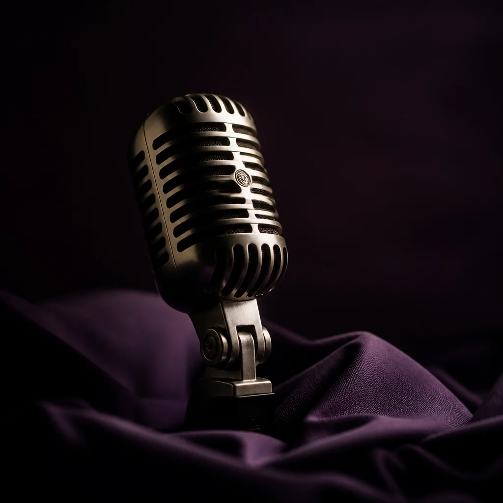 Micrófono vintage sobre tela violeta plegada en penumbra