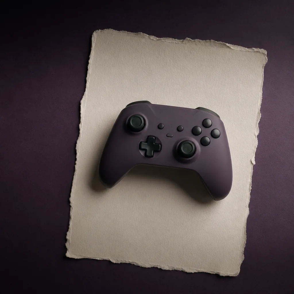 Mando de videojuego violeta sobre papel marfil